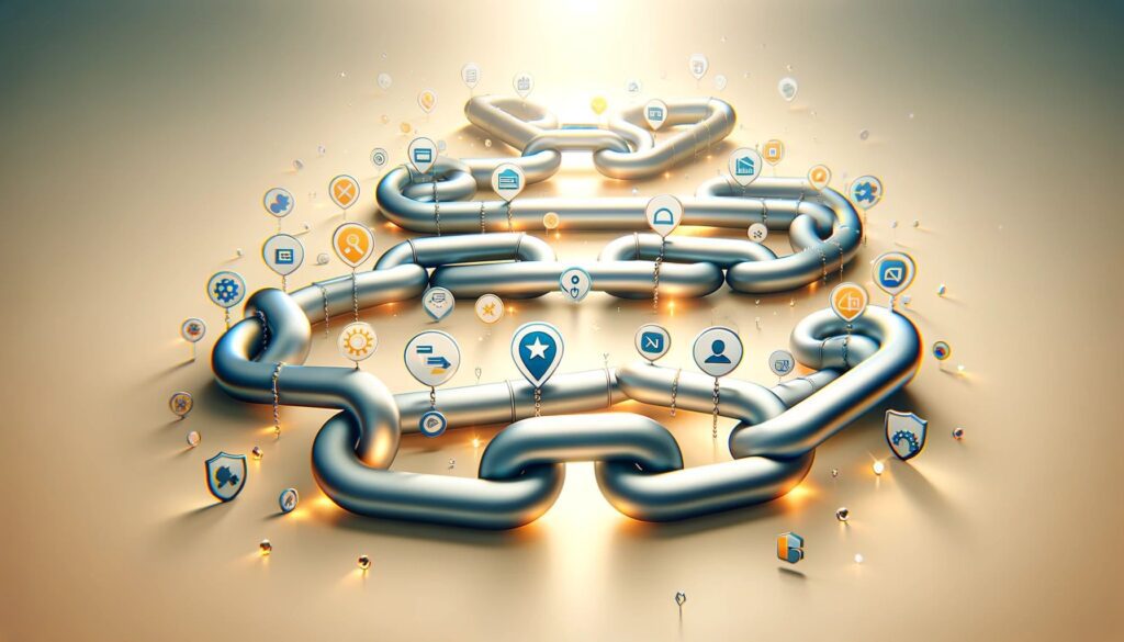 Ilustração mostrando uma corrente com elos contendo ícones de estratégias de link building, simbolizando a abordagem multifacetada para fortalecer a SEO.