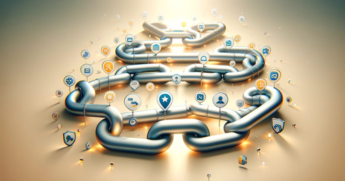 Ilustração mostrando uma corrente com elos contendo ícones de estratégias de link building, simbolizando a abordagem multifacetada para fortalecer a SEO.